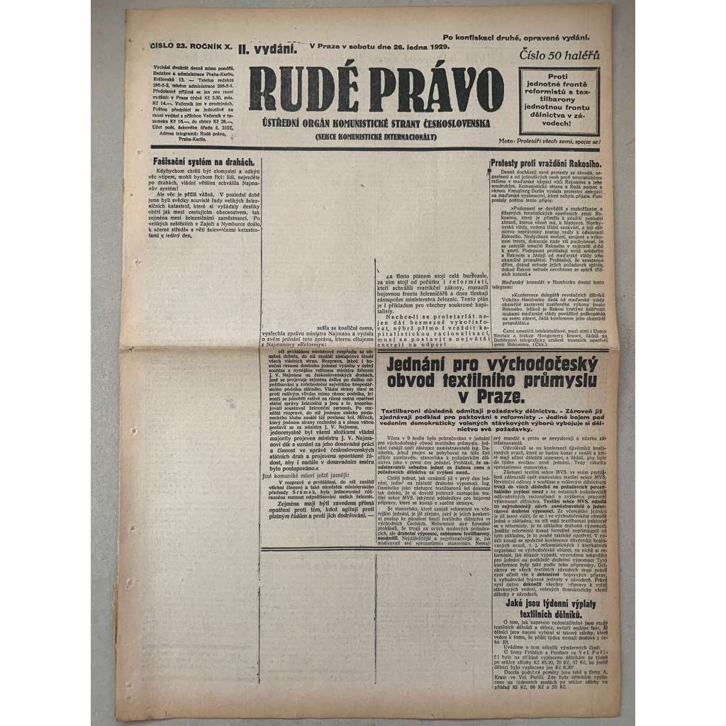 Rudé právo (26.1.1929) - 1. republika, staré noviny