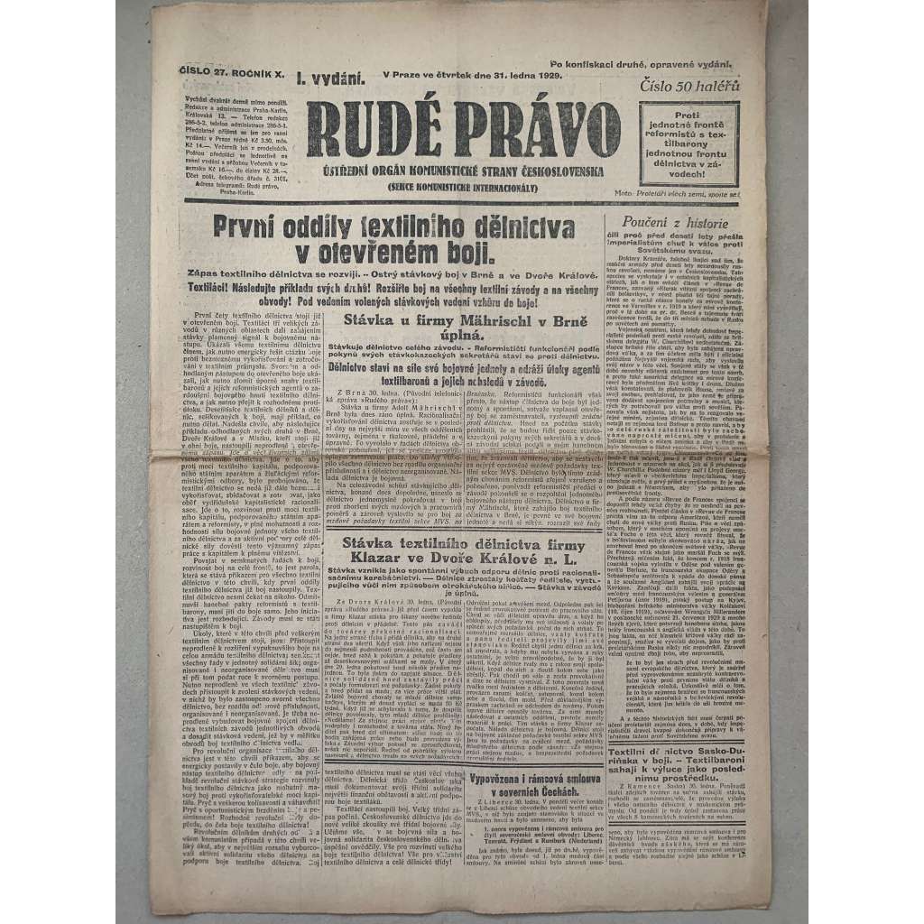 Rudé právo (31.1.1929) - 1. republika, staré noviny Rudé právo (31.1.1929) - 1. republika, staré noviny