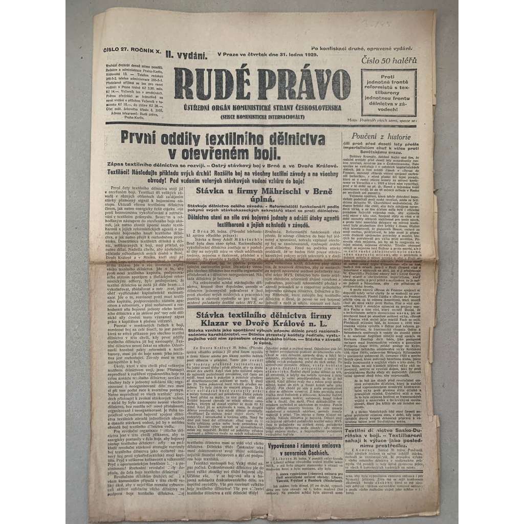 Rudé právo (31.1.1929) - 1. republika, staré noviny Rudé právo (31.1.1929) - 1. republika, staré noviny
