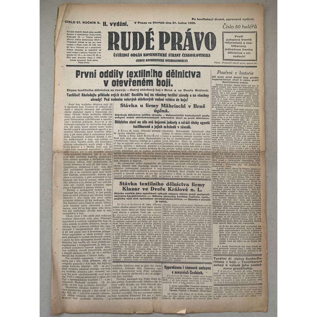Rudé právo (31.1.1929) - 1. republika, staré noviny Rudé právo (31.1.1929) - 1. republika, staré noviny
