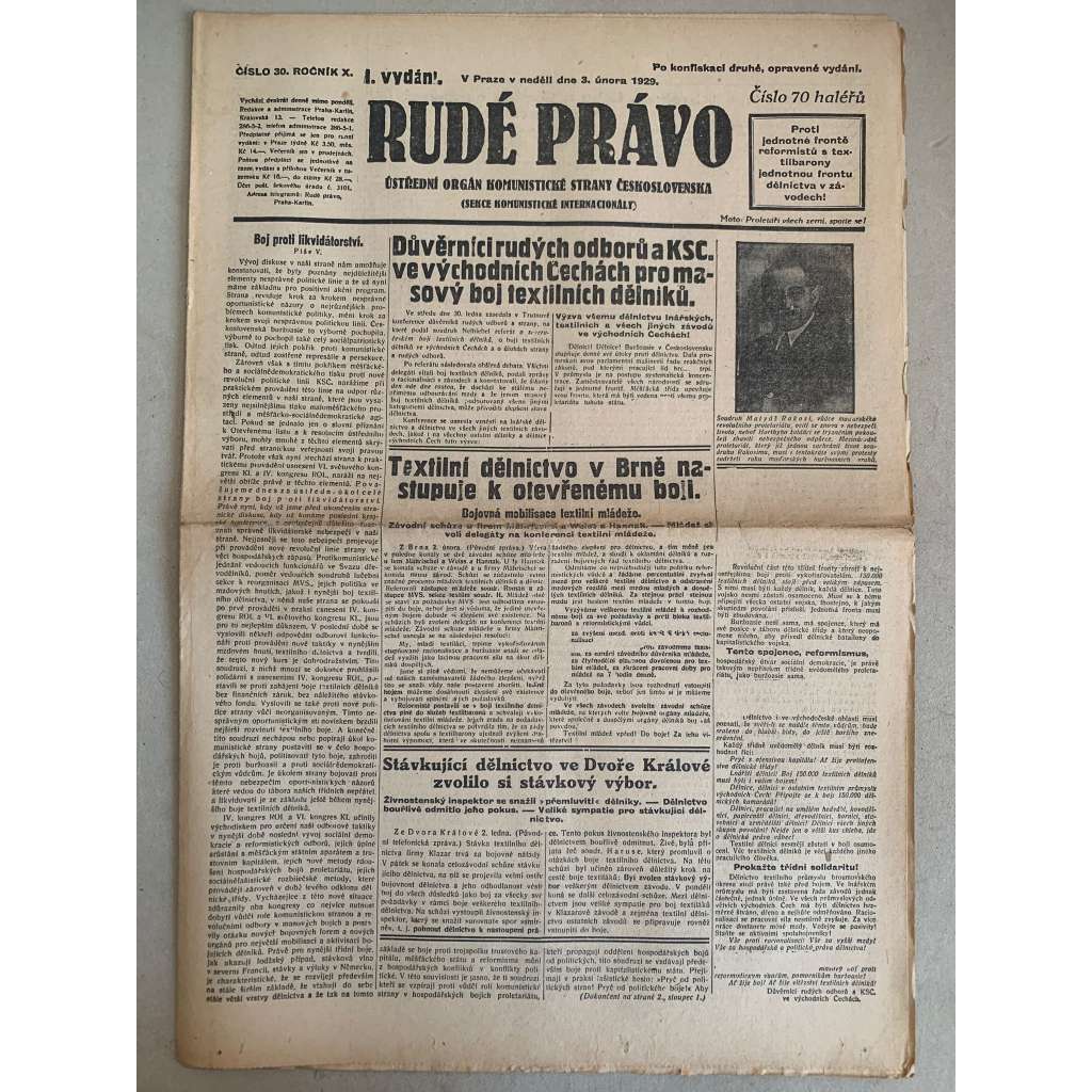 Rudé právo (3.2.1929) - 1. republika, staré noviny Rudé právo (3.2.1929) - 1. republika, staré noviny