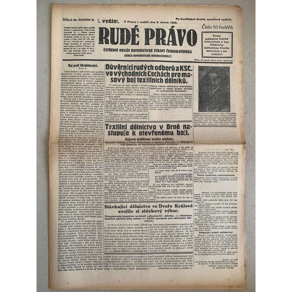 Rudé právo (3.2.1929) - 1. republika, staré noviny Rudé právo (3.2.1929) - 1. republika, staré noviny