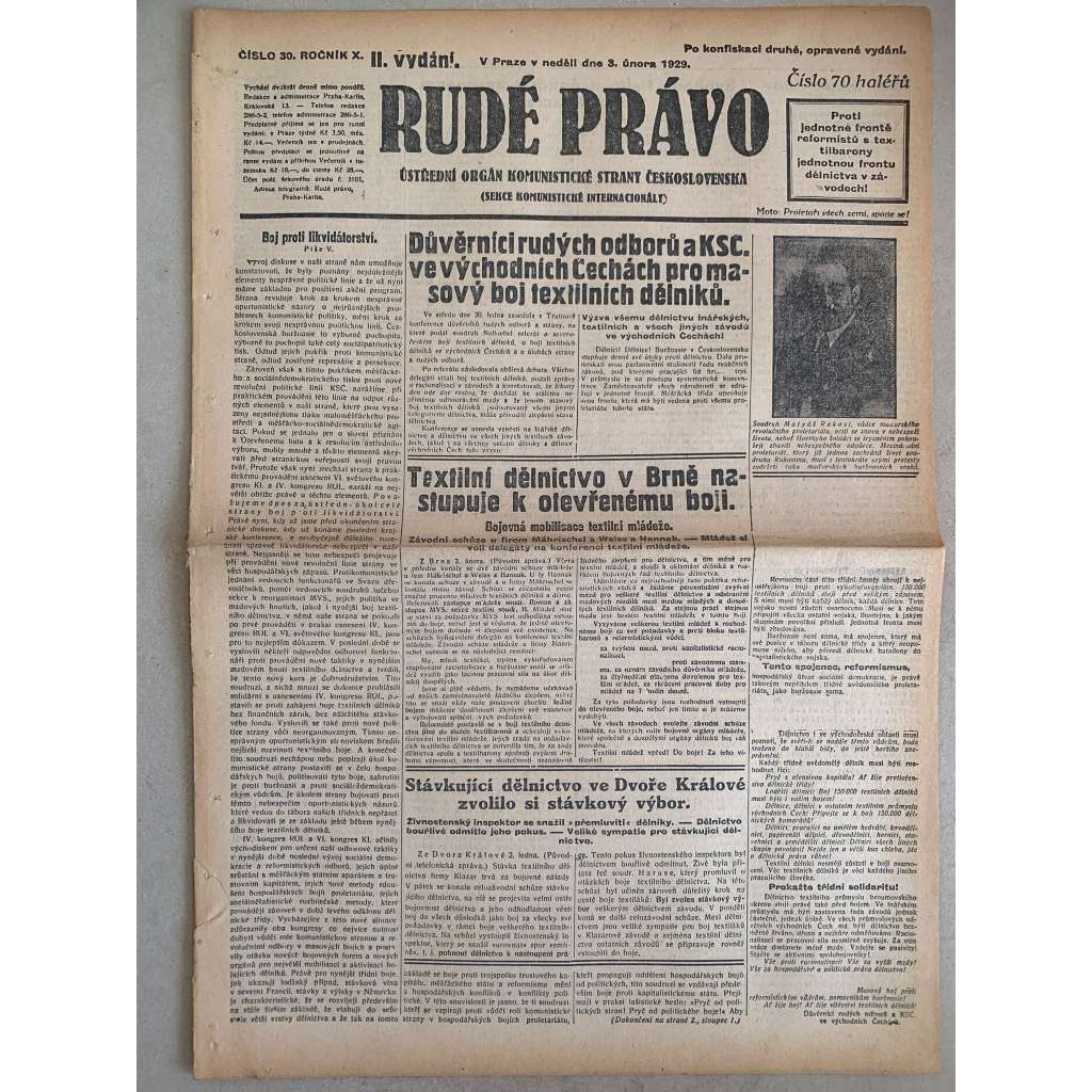 Rudé právo (3.2.1929) - 1. republika, staré noviny
