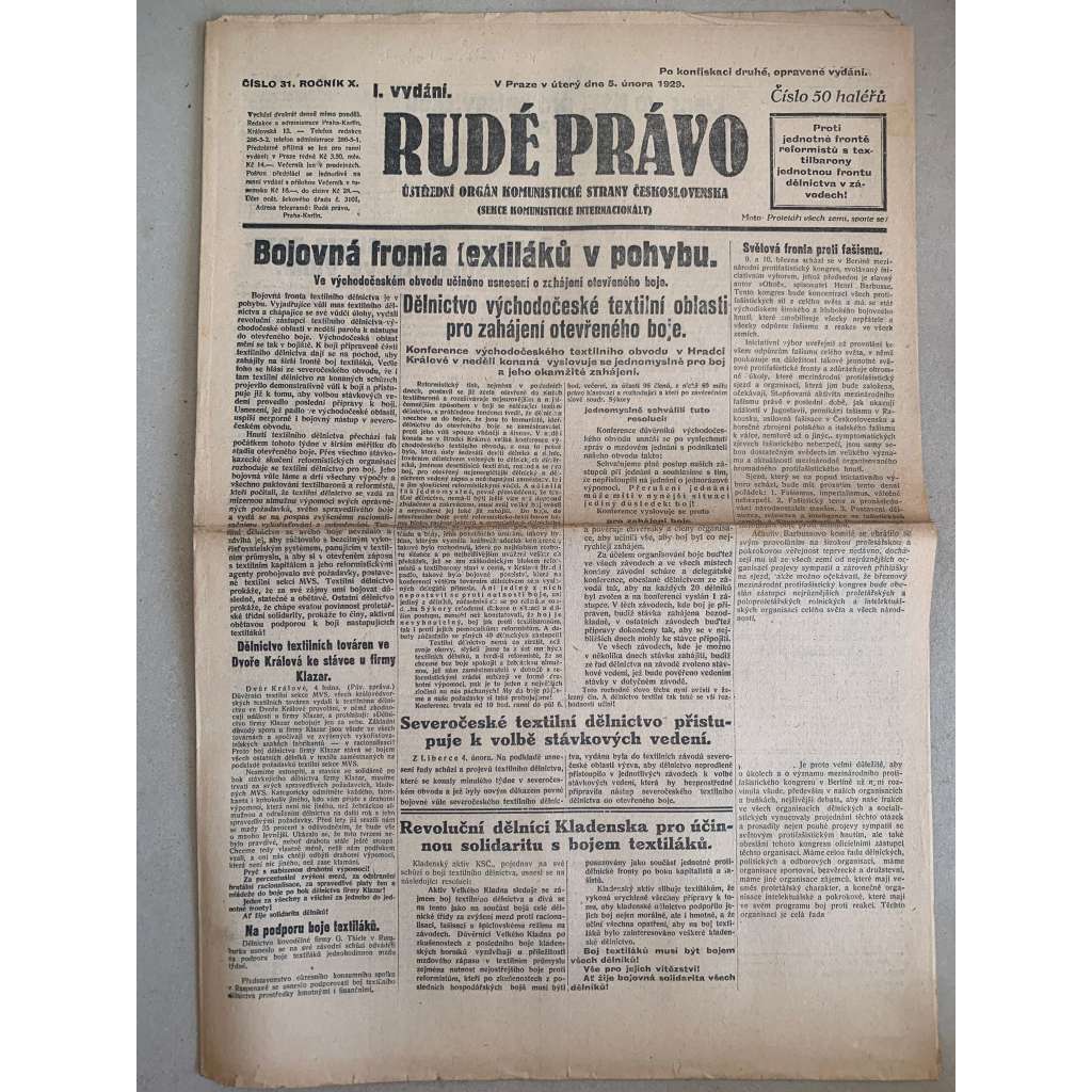Rudé právo (5.2.1929) - 1. republika, staré noviny