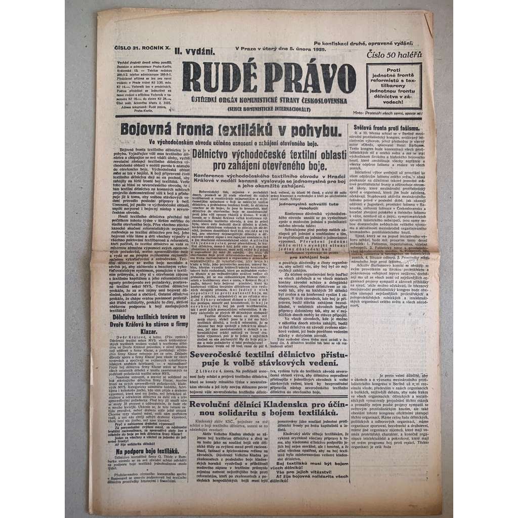 Rudé právo (5.2.1929) - 1. republika, staré noviny
