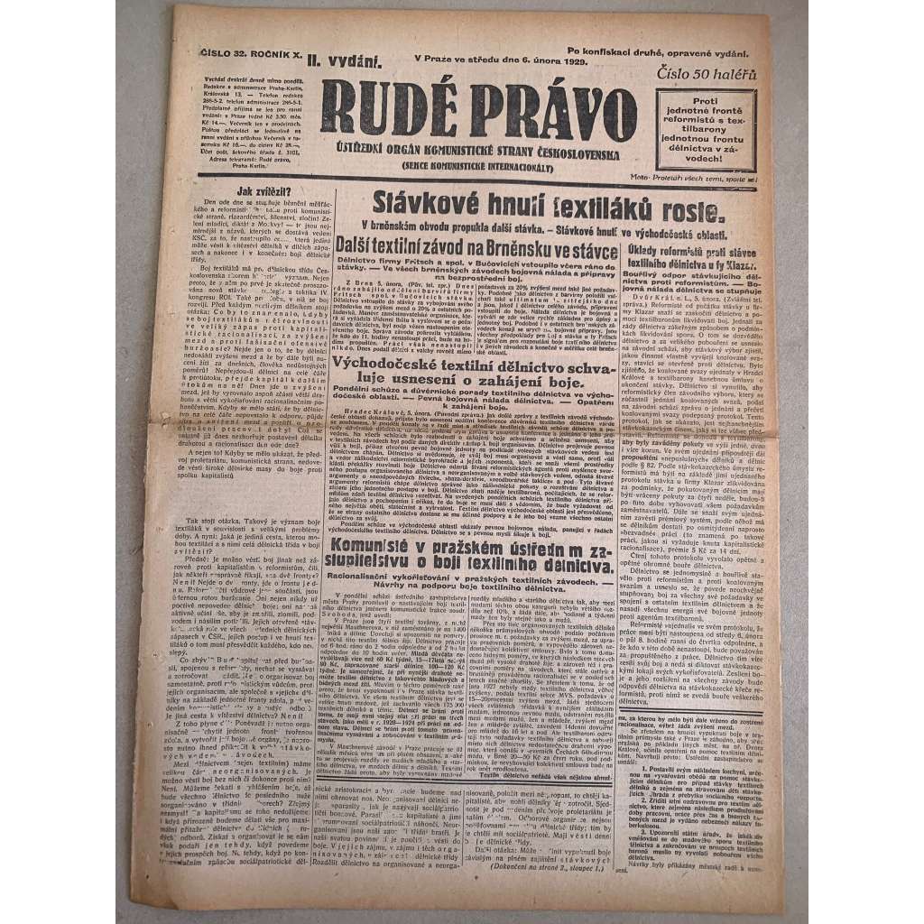 Rudé právo (6.2.1929) - 1. republika, staré noviny
