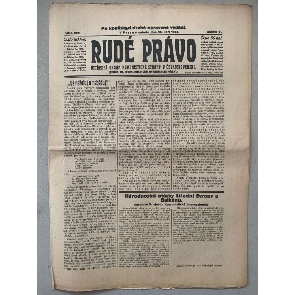 Rudé právo (20.9.1924) - 1. republika, staré noviny