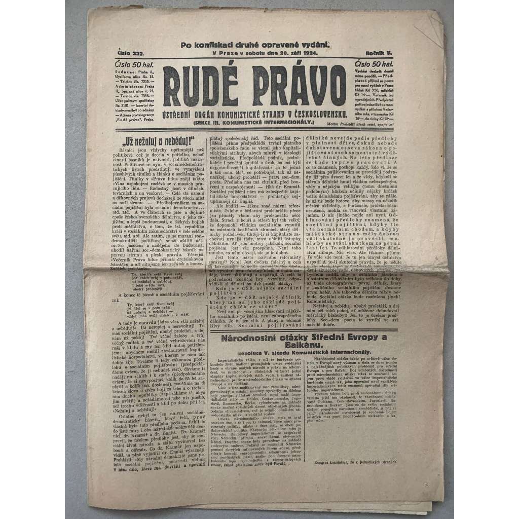 Rudé právo (20.9.1924) - 1. republika, staré noviny
