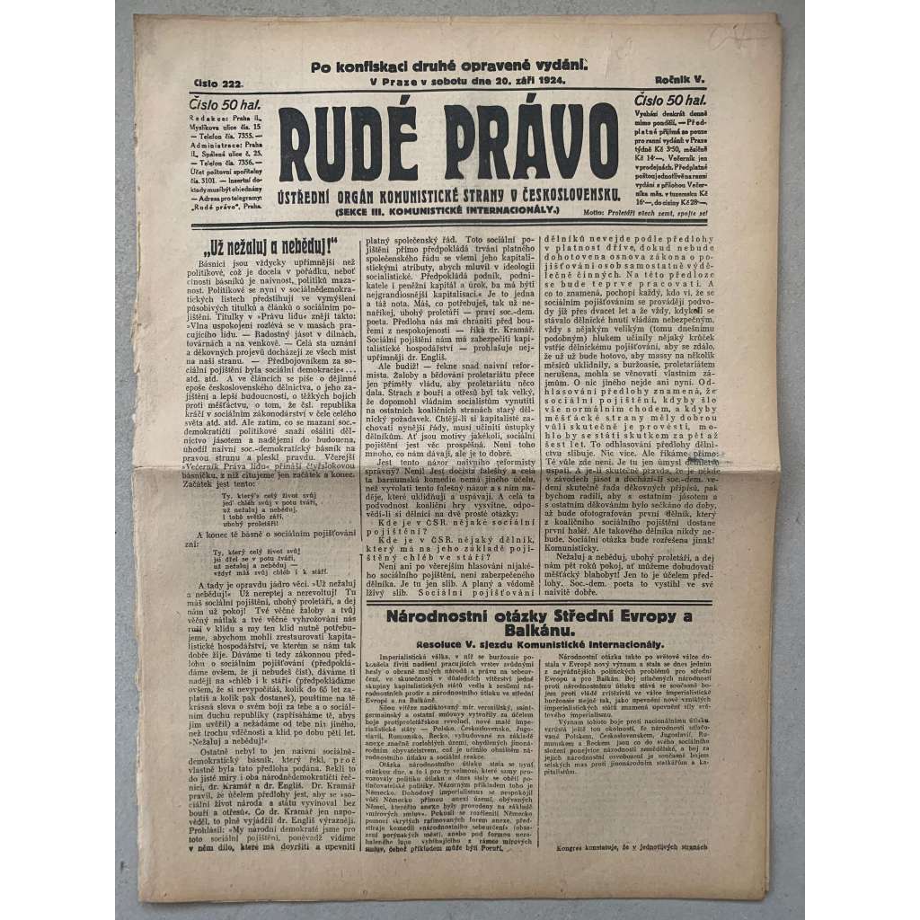 Rudé právo (20.9.1924) - 1. republika, staré noviny
