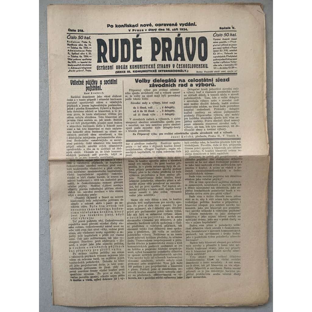 Rudé právo (16.9.1924) - 1. republika, staré noviny