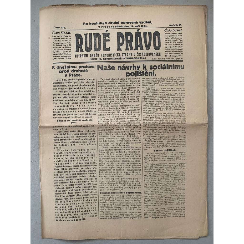 Rudé právo (17.9.1924) - 1. republika, staré noviny