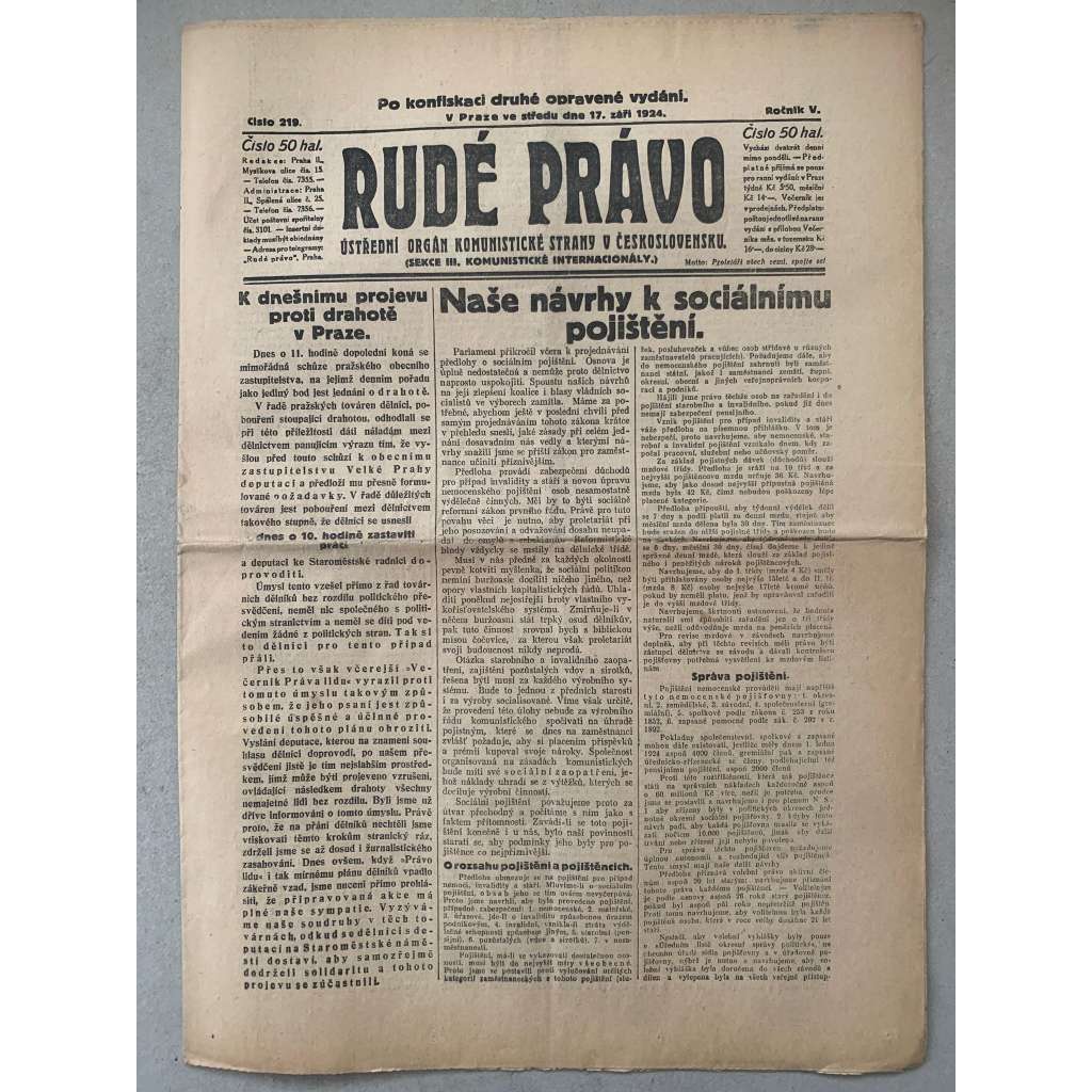Rudé právo (17.9.1924) - 1. republika, staré noviny