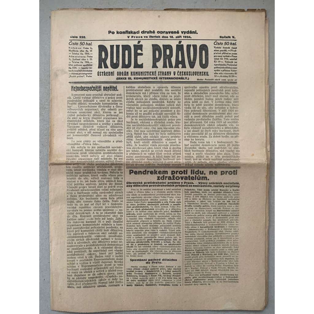Rudé právo (18.9.1924) - 1. republika, staré noviny