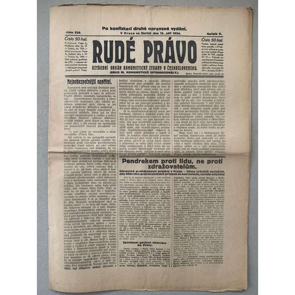 Rudé právo (18.9.1924) - 1. republika, staré noviny