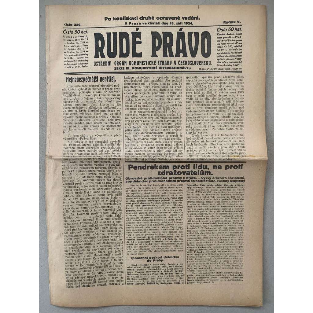 Rudé právo (18.9.1924) - 1. republika, staré noviny