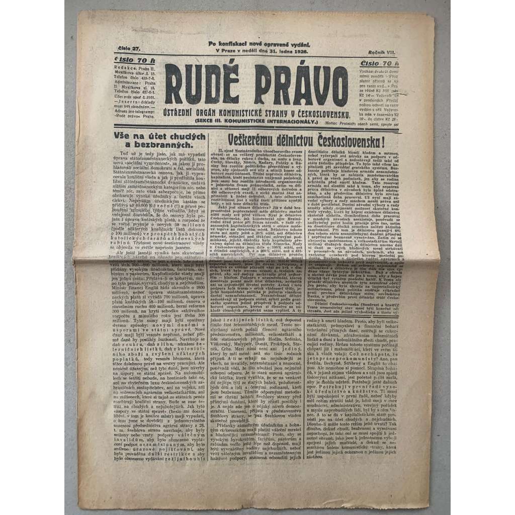 Rudé právo (31.1.1926) - 1. republika, staré noviny
