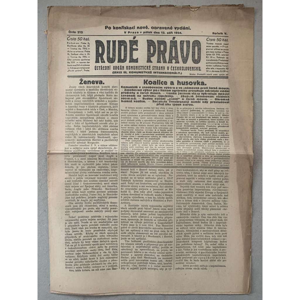 Rudé právo (12.9.1924) - 1. republika, staré noviny