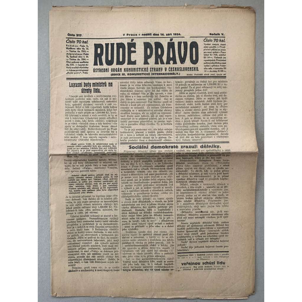 Rudé právo (14.9.1924) - 1. republika, staré noviny
