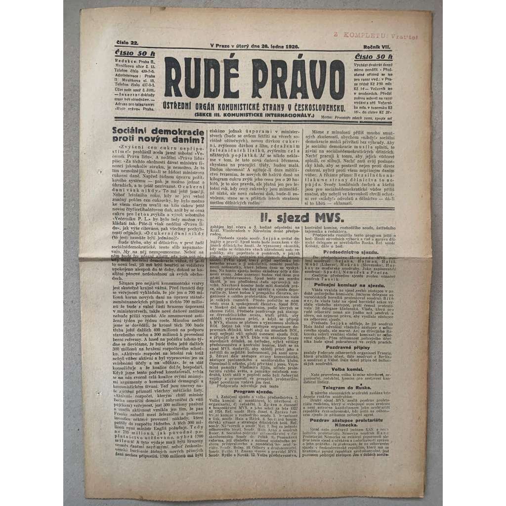 Rudé právo (26.1.1926) - 1. republika, staré noviny