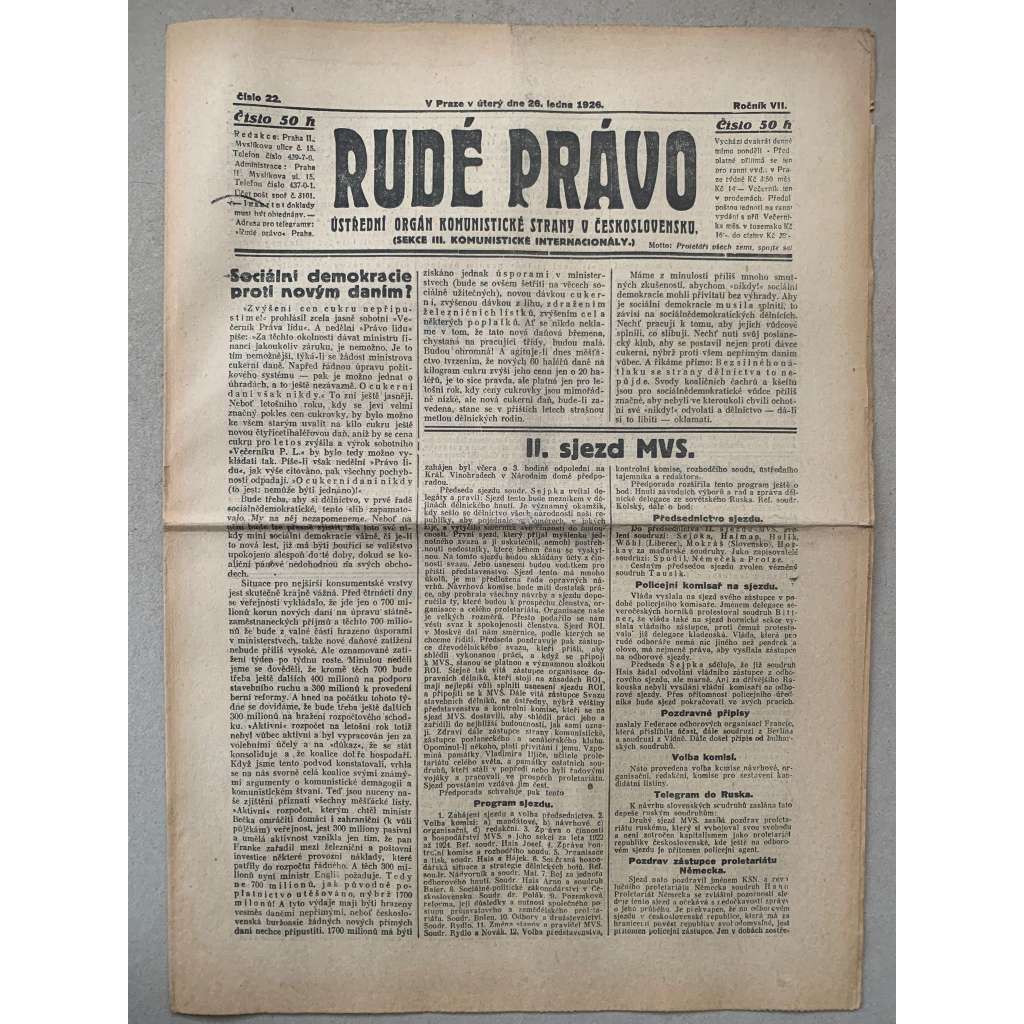 Rudé právo (26.1.1926) - 1. republika, staré noviny