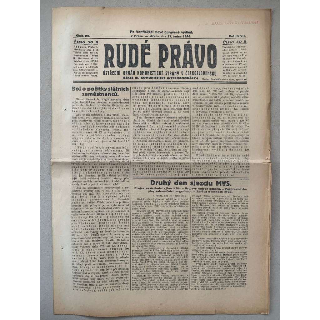 Rudé právo (27.1.1926) - 1. republika, staré noviny