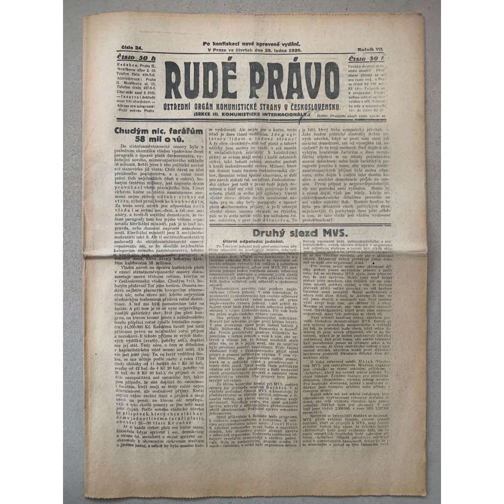 Rudé právo (28.1.1926) - 1. republika, staré noviny