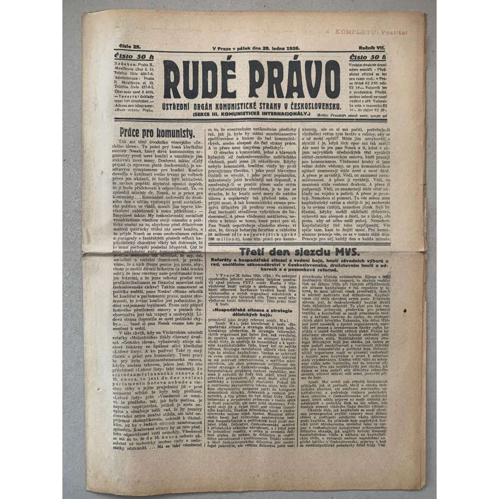 Rudé právo (29.1.1926) - 1. republika, staré noviny