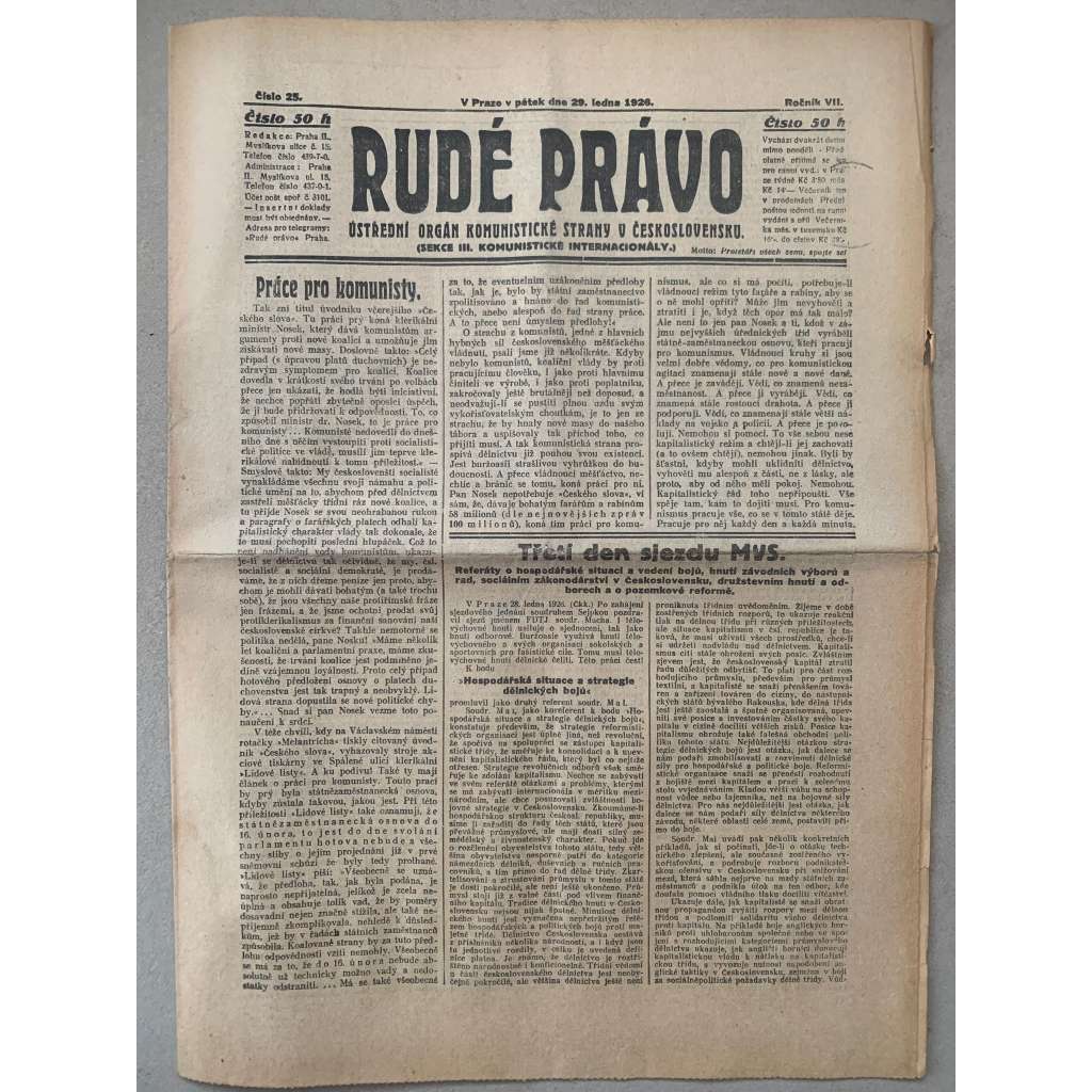 Rudé právo (29.1.1926) - 1. republika, staré noviny
