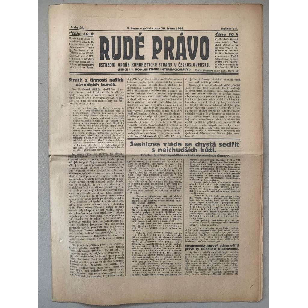 Rudé právo (30.1.1926) - 1. republika, staré noviny