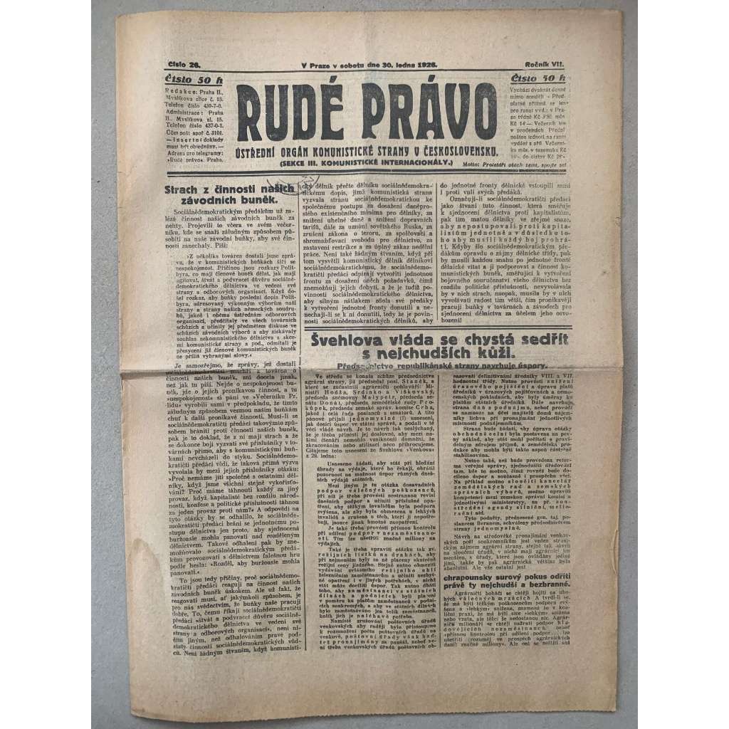 Rudé právo (30.1.1926) - 1. republika, staré noviny