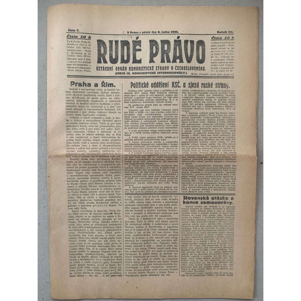Rudé právo (8.1.1926) - 1. republika, staré noviny