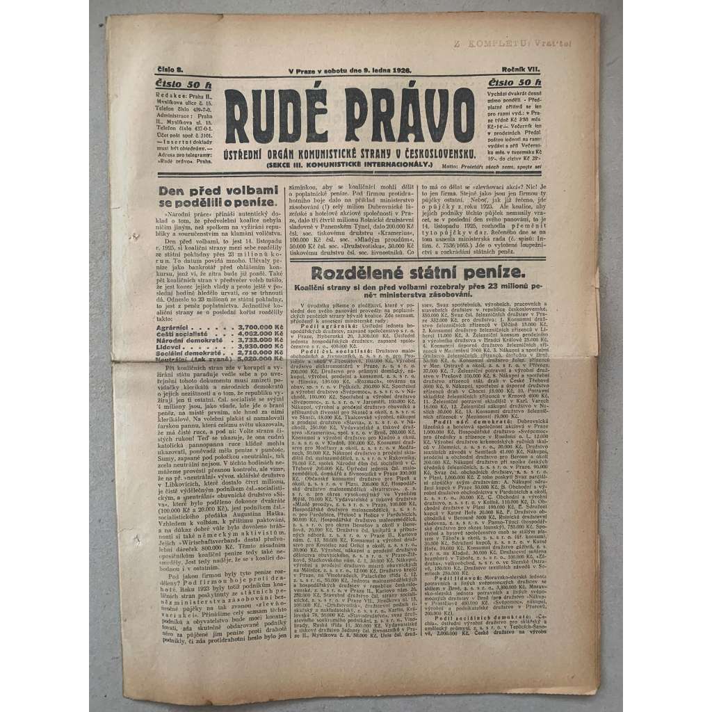 Rudé právo (9.1.1926) - 1. republika, staré noviny Rudé právo (9.1.1926) - 1. republika, staré noviny