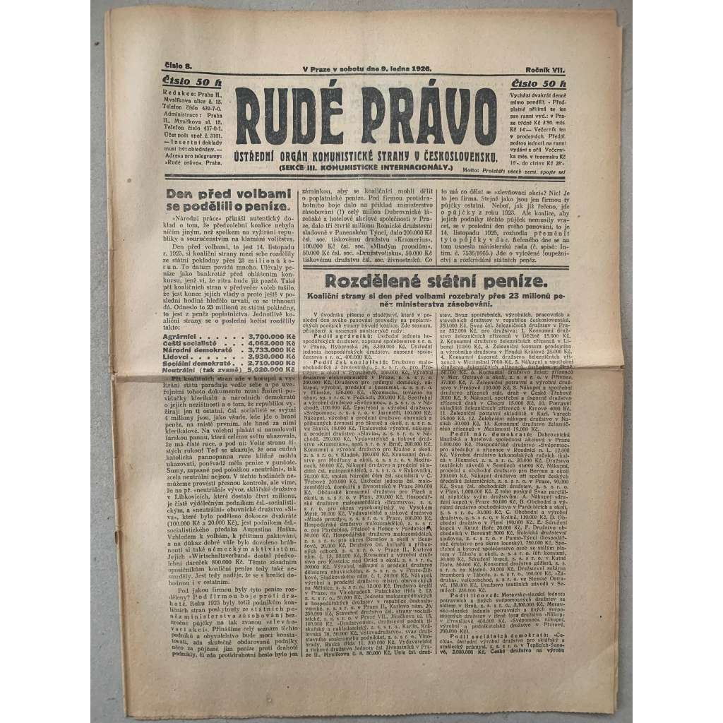 Rudé právo (9.1.1926) - 1. republika, staré noviny Rudé právo (9.1.1926) - 1. republika, staré noviny