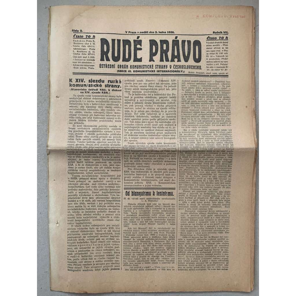 Rudé právo (3.1.1926) - 1. republika, staré noviny Rudé právo (3.1.1926) - 1. republika, staré noviny
