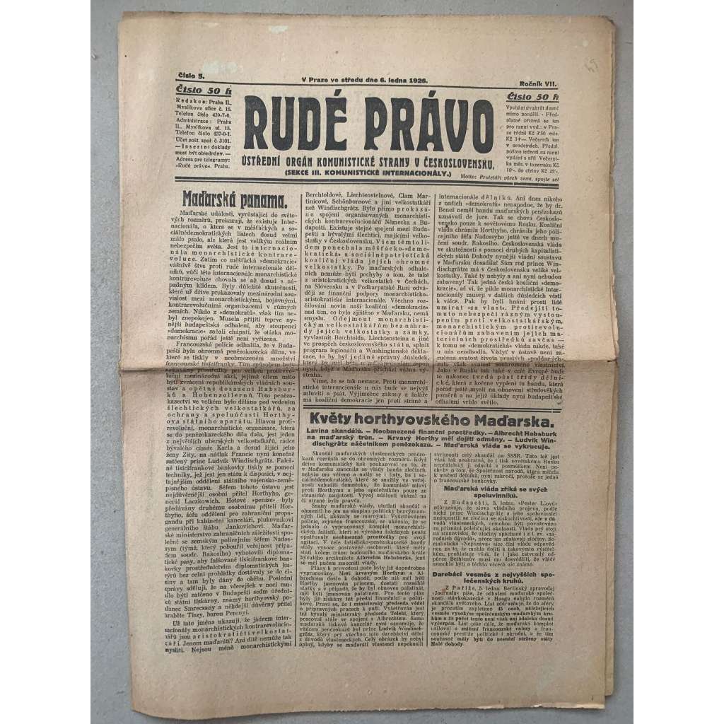 Rudé právo (6.1.1926) - 1. republika, staré noviny Rudé právo (6.1.1926) - 1. republika, staré noviny