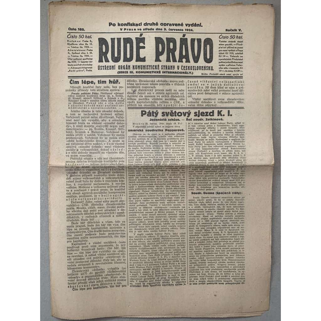 Rudé právo (9.7.1924) - 1. republika, staré noviny Rudé právo (9.7.1924) - 1. republika, staré noviny
