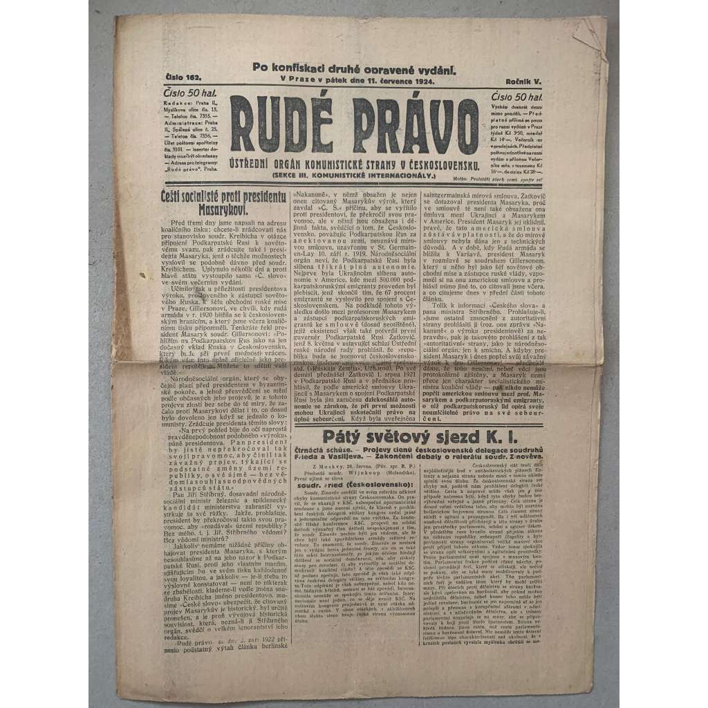 Rudé právo (11.7.1924) - 1. republika, staré noviny