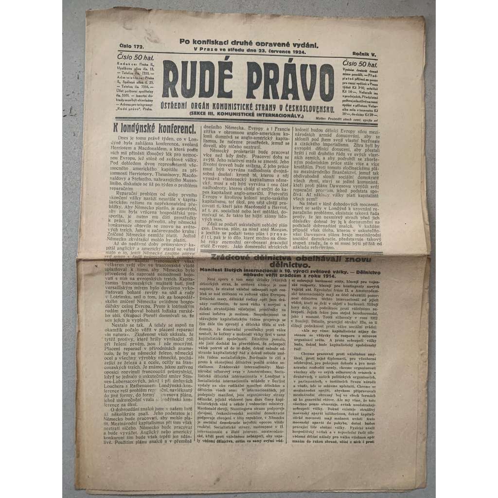 Rudé právo (23.7.1924) - 1. republika, staré noviny Rudé právo (23.7.1924) - 1. republika, staré noviny