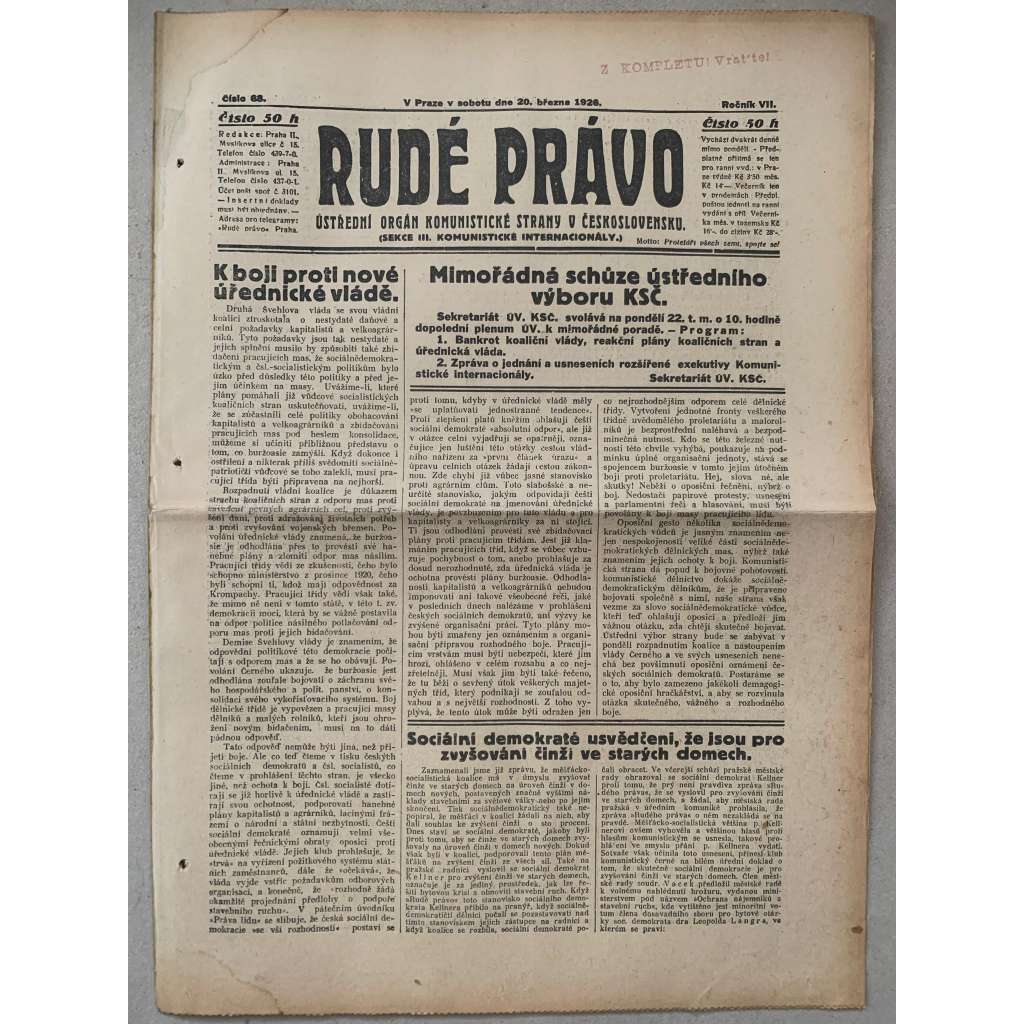 Rudé právo (20.3.1926) - 1. republika, staré noviny