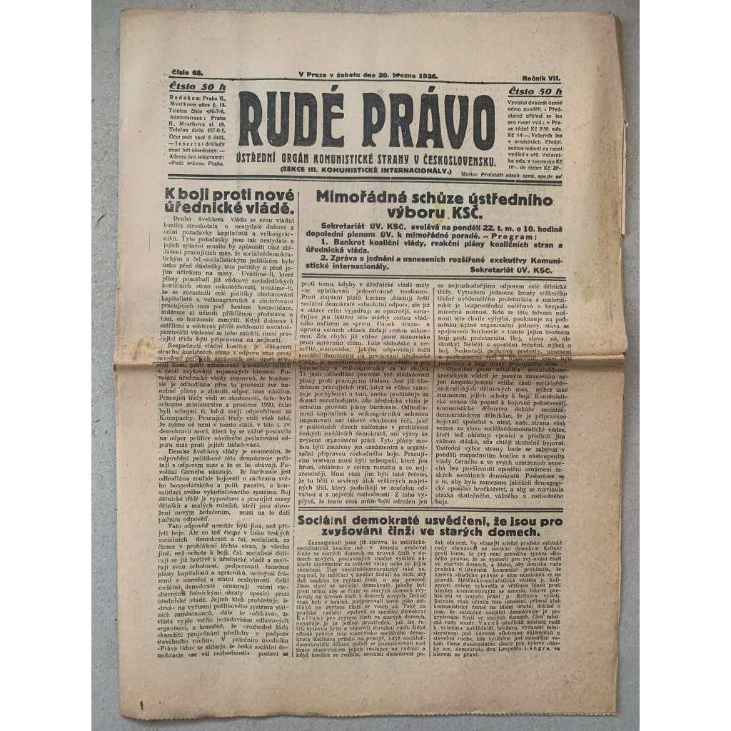 Rudé právo (20.3.1926) - 1. republika, staré noviny