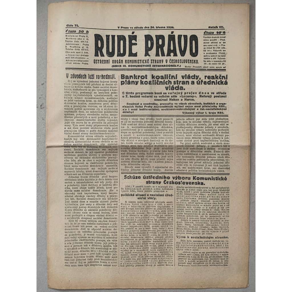 Rudé právo (24.3.1926) - 1. republika, staré noviny