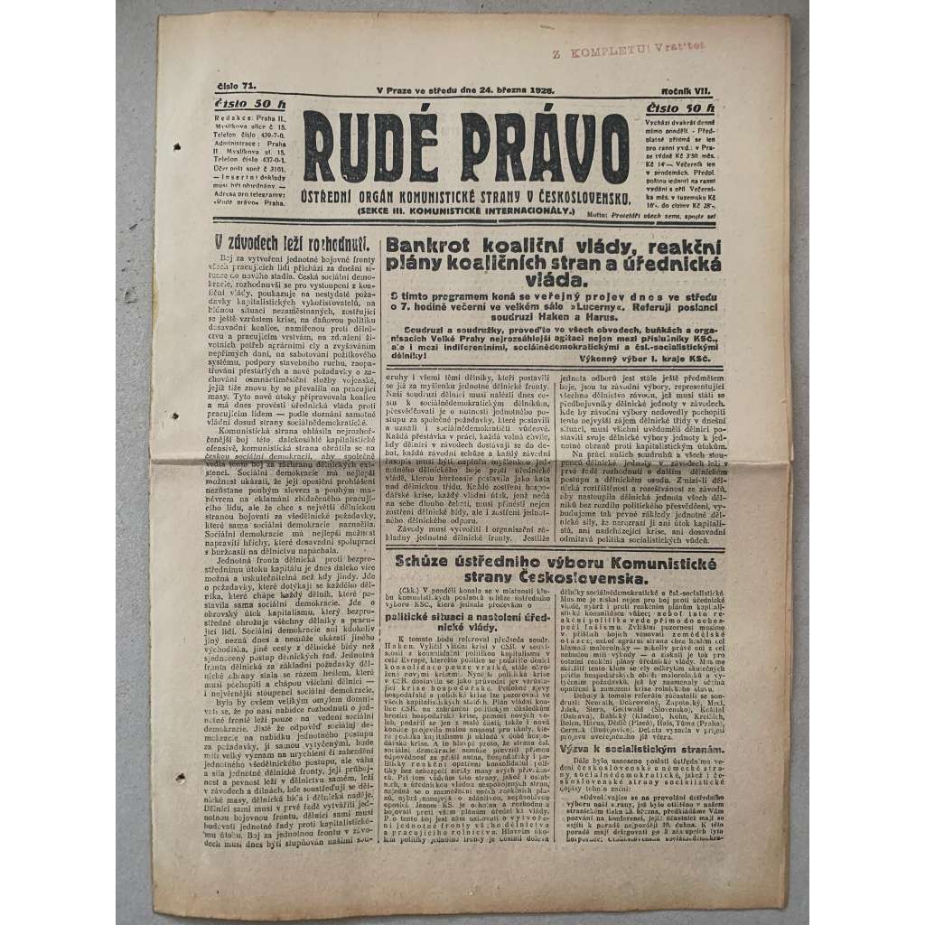 Rudé právo (24.3.1926) - 1. republika, staré noviny