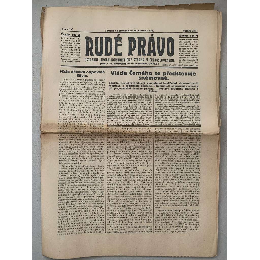 Rudé právo (25.3.1926) - 1. republika, staré noviny