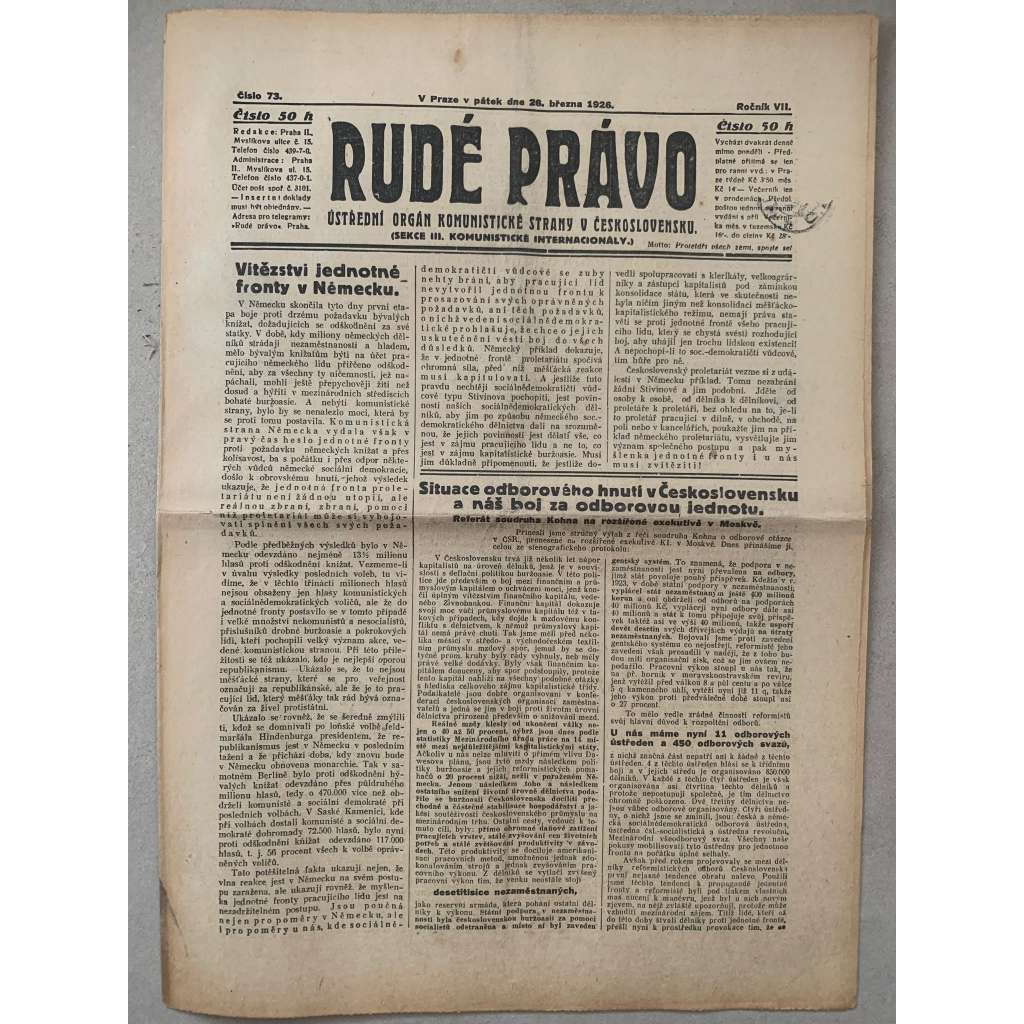 Rudé právo (26.3.1926) - 1. republika, staré noviny