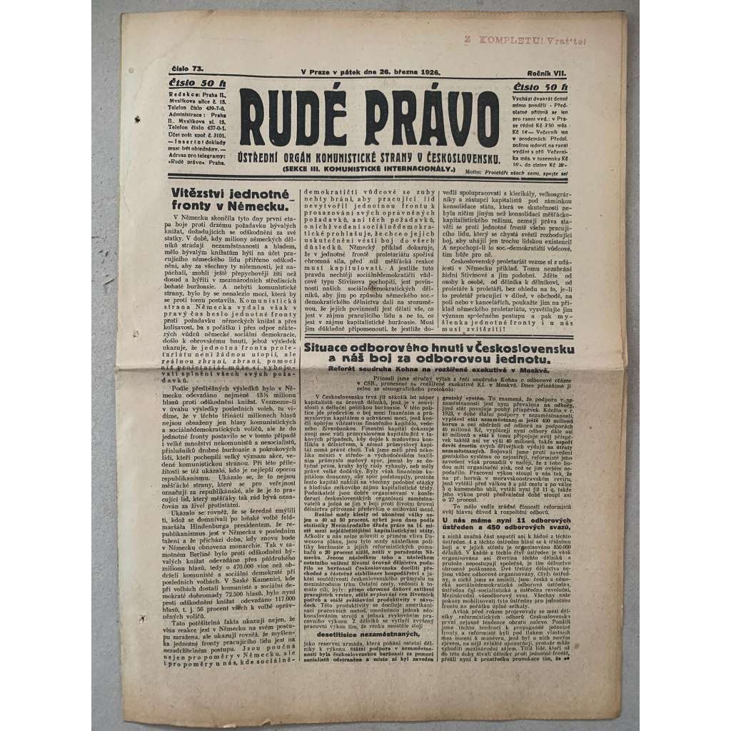 Rudé právo (26.3.1926) - 1. republika, staré noviny