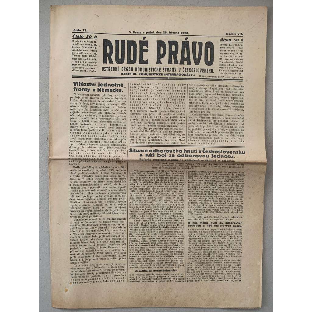 Rudé právo (26.3.1926) - 1. republika, staré noviny