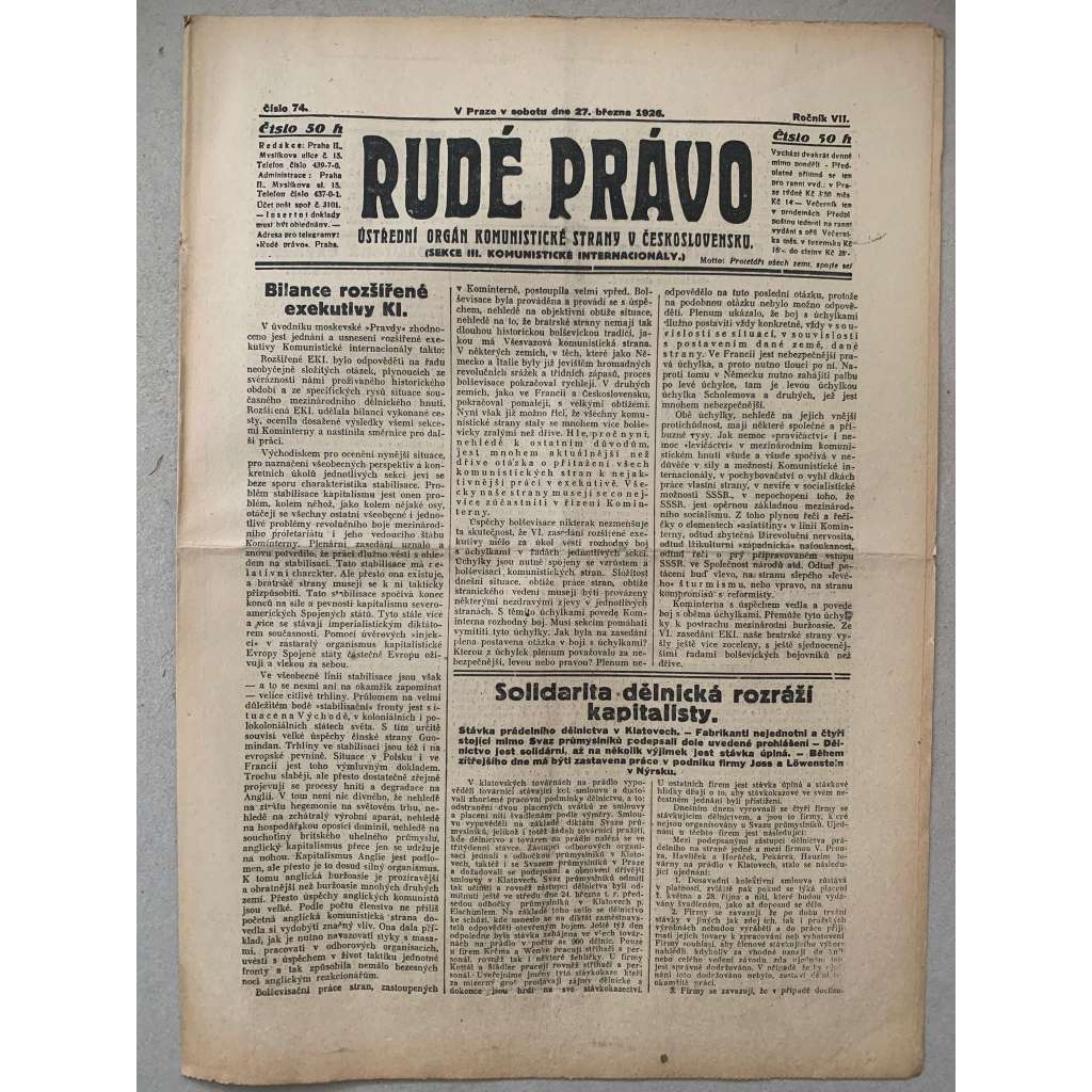 Rudé právo (27.3.1926) - 1. republika, staré noviny
