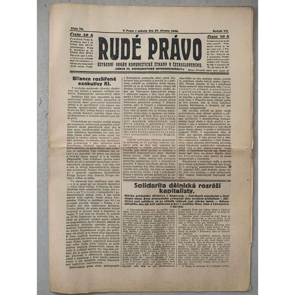 Rudé právo (27.3.1926) - 1. republika, staré noviny
