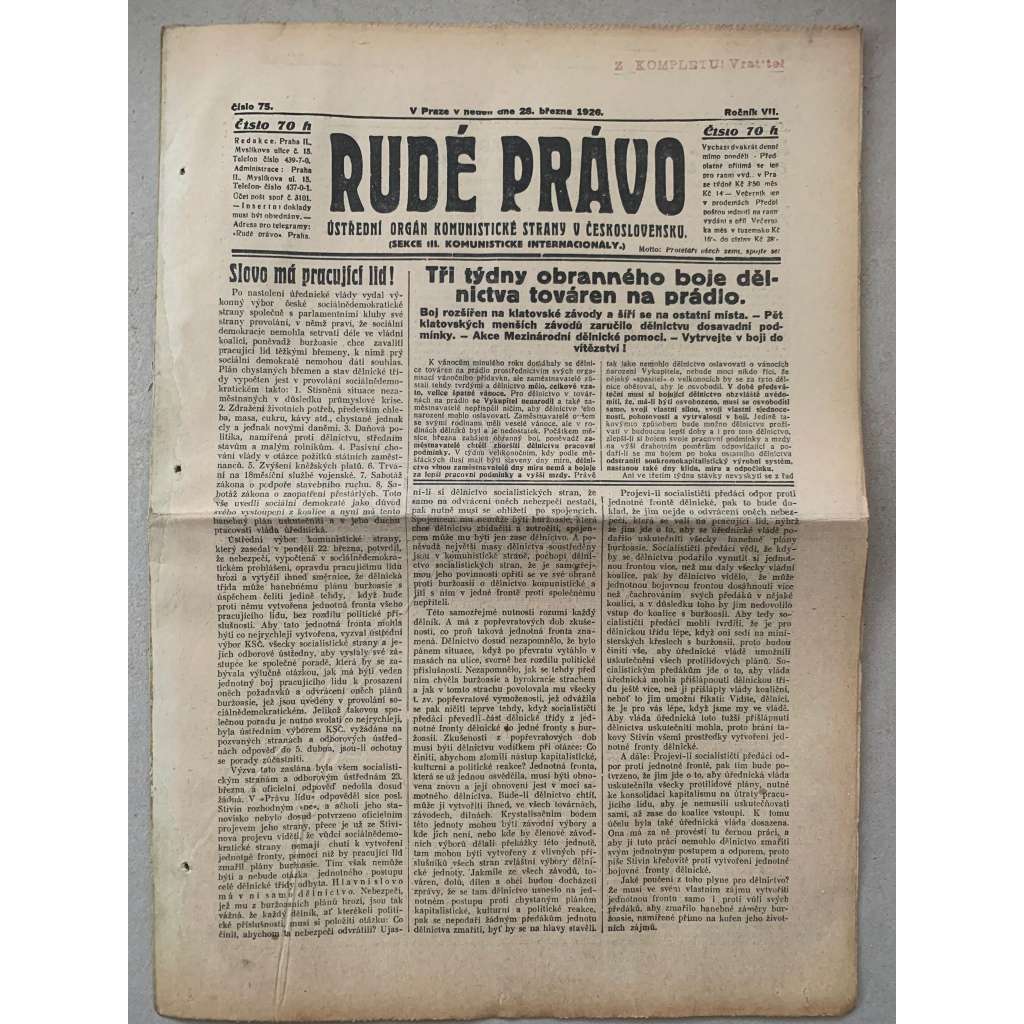 Rudé právo (28.3.1926) - 1. republika, staré noviny