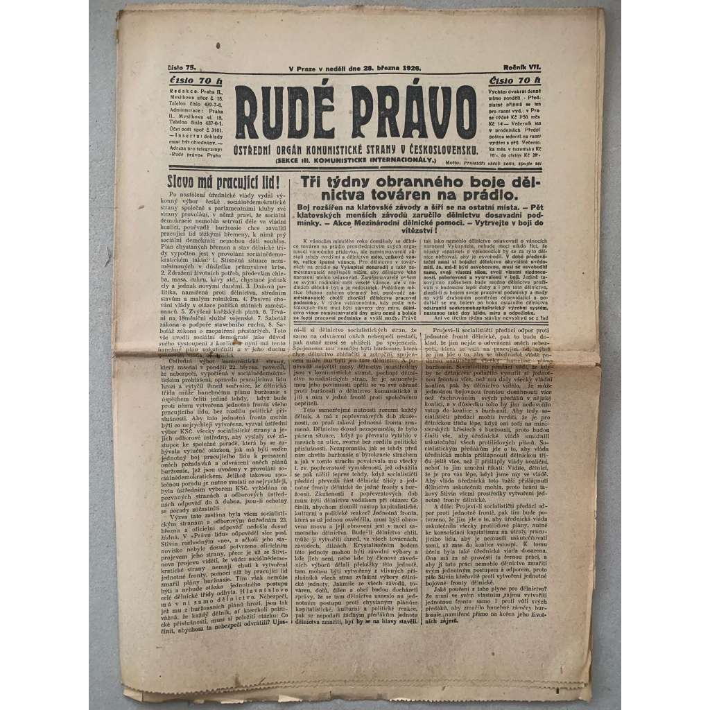 Rudé právo (28.3.1926) - 1. republika, staré noviny